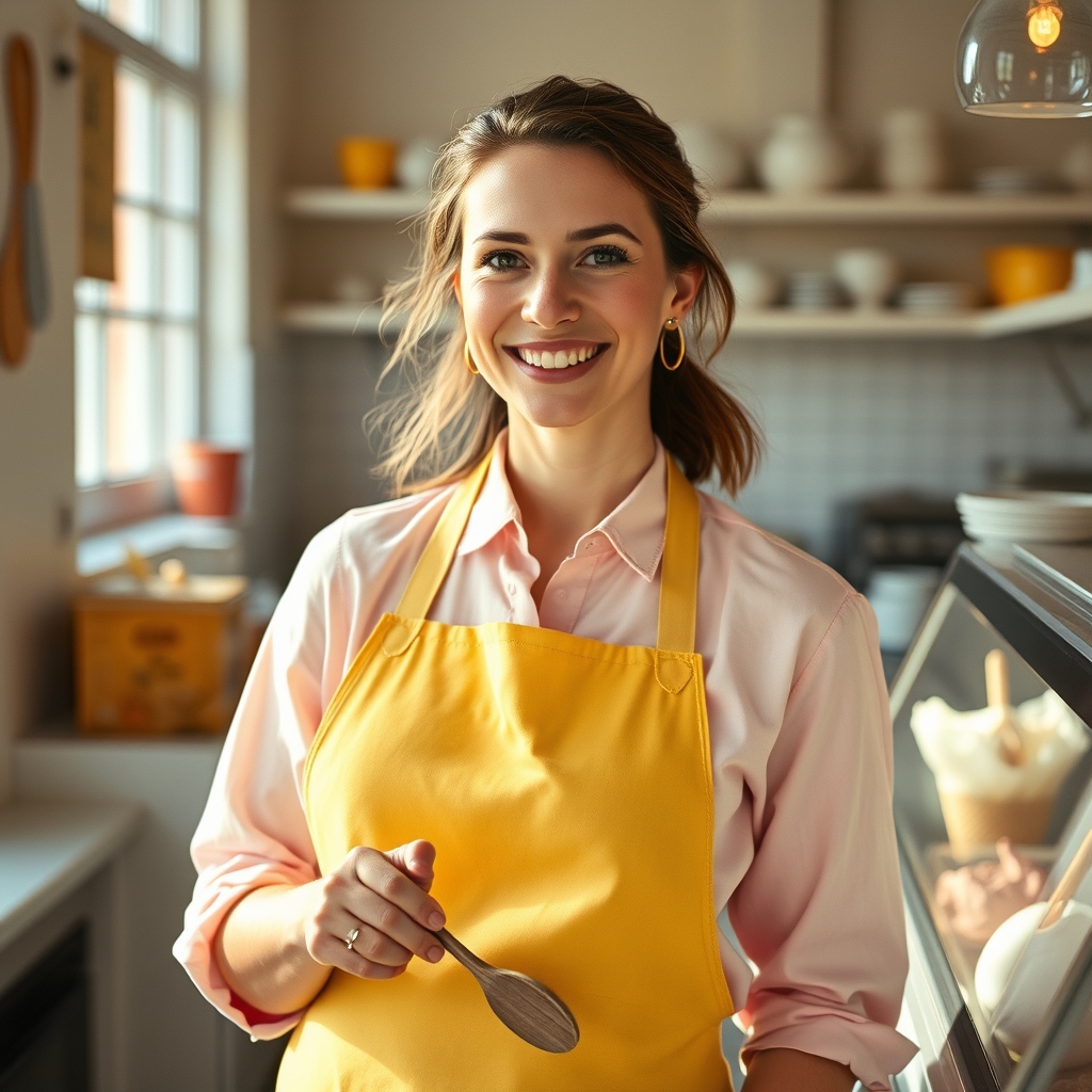 Founder of La Cigale Ice Cream in her Chelsea Quebec kitchen, in a butter yellow apron