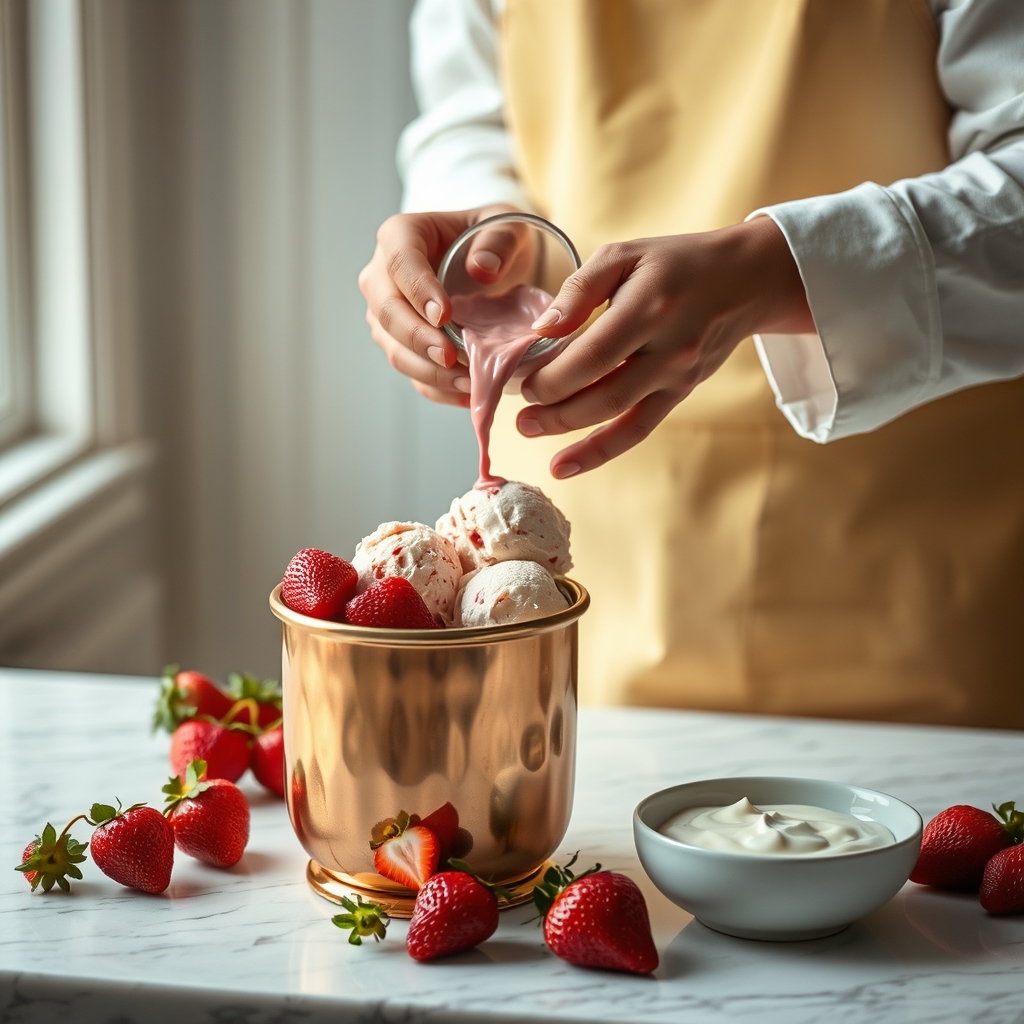 Fresh strawberry puree being poured into a copper ice cream churn at La Cigale