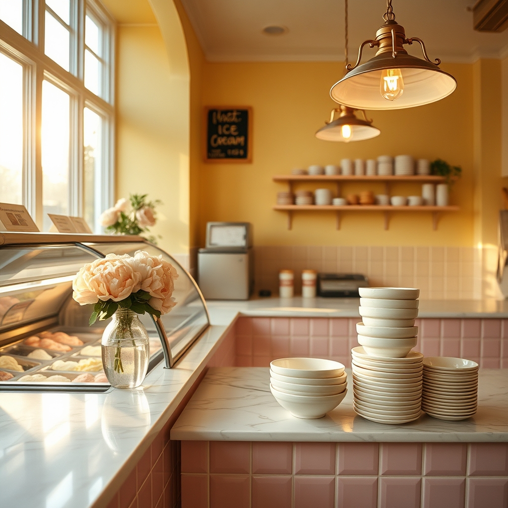 Interior of La Cigale Ice Cream shop in Chelsea Quebec with pink tiled counter and vintage freezer display